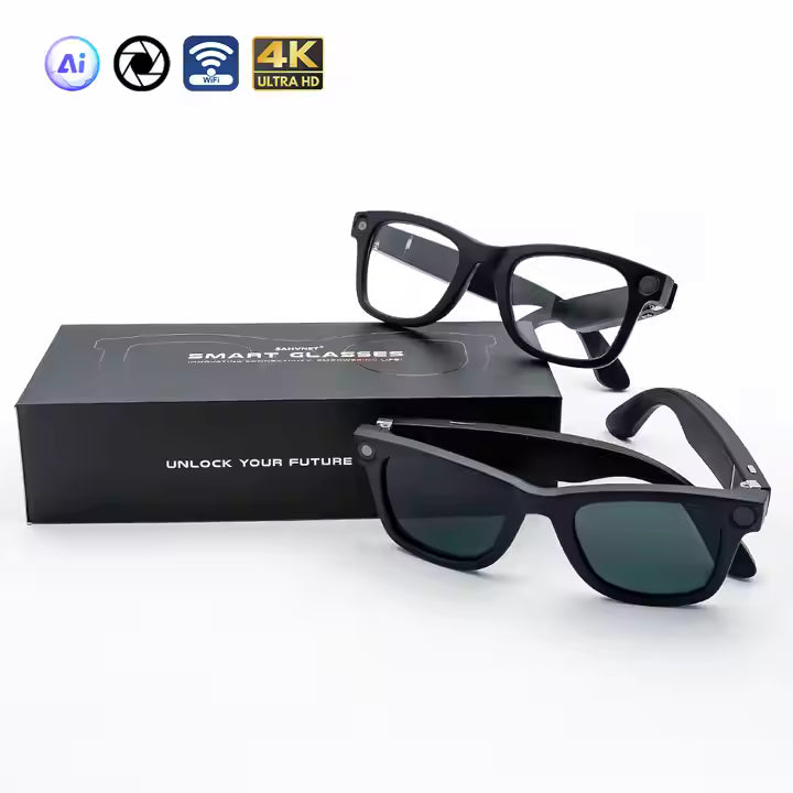 Black smart glasses with a box labeled 'Smart Glasses' on a white background Black smart glasses with a box labeled 'Smart Glasses' on a white background